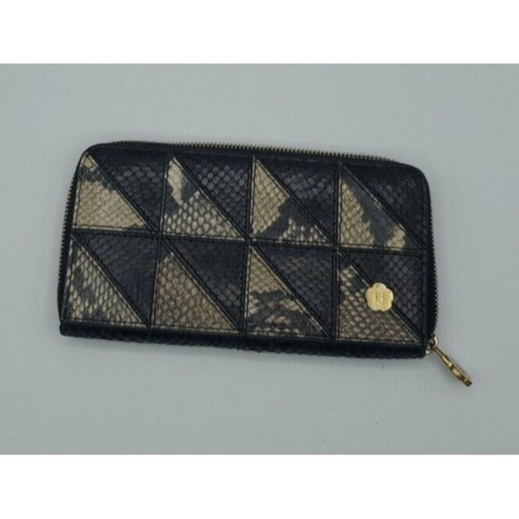 ERIC JAVITS Reptile Patchwork Leather Black Tan Zip Around Wallet - Picture 2 of 15